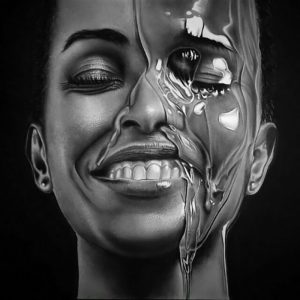 تابلو سیاه قلم جریان آب روی چهره زن سیاه پوست