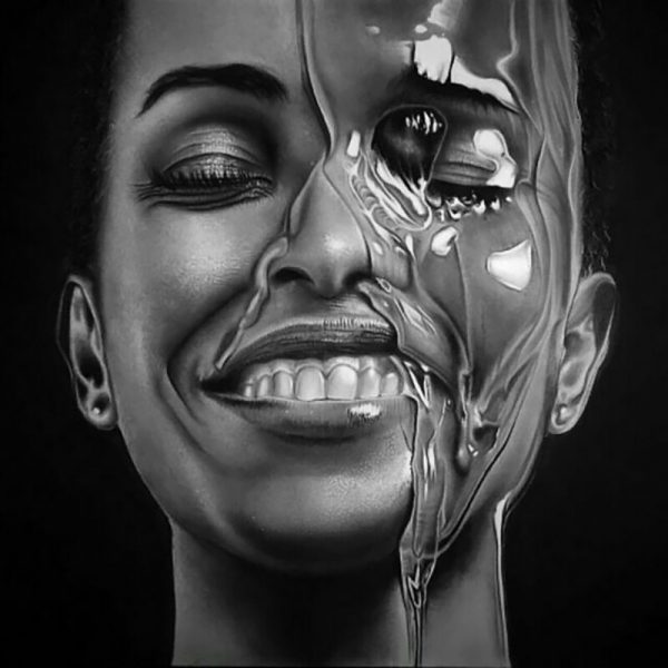تابلو سیاه قلم جریان آب روی چهره زن سیاه پوست 1